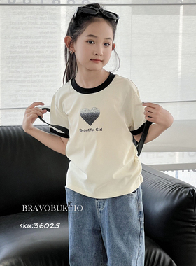 布芮欧童装夏新款女童时尚爱心短袖T恤中大童短款打底衫36025