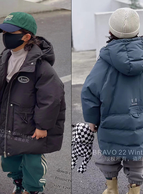 布芮欧童装冬新款男女童连帽羽绒服中长款90白鸭绒外套88057