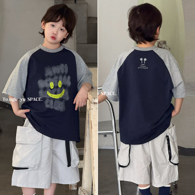童乐鱼童装2026夏季新款男女童笑脸拼接街舞宽松短袖T恤潮96165图片