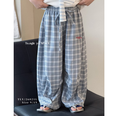 童乐鱼童装2026夏季新款女童薄款格子直筒裤中大童休闲长裤26021