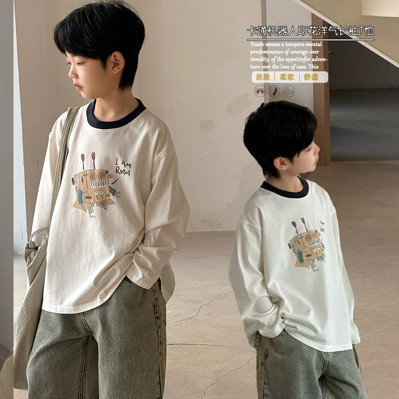 大E小e童装2026春季新款男女童卡通机器人印花洋气长袖T恤潮90003