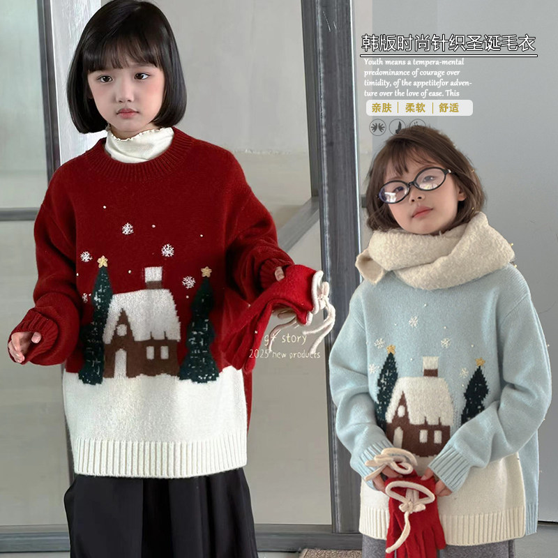 G+童装2025冬季新款圣诞风女童卡通图案针织毛衣保暖羊毛衫52880