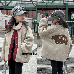 布芮欧童装冬季新款儿童毛毛衣女童羊羔毛两面穿外套潮72300