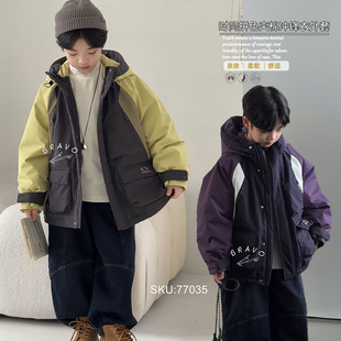 布芮欧童装2025冬新款男女童韩版连帽冲锋衣中大童夹棉外套77035