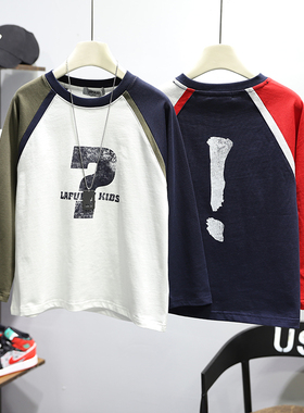 啦芙莱童装2026春季新款男女中大童洋气做旧印花拼色长袖T恤8269