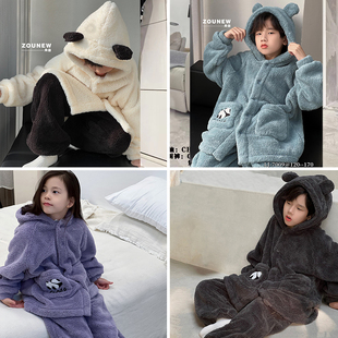 舟由冬新款男女童珊瑚绒睡衣套装中大童长款熊猫家居服潮7009