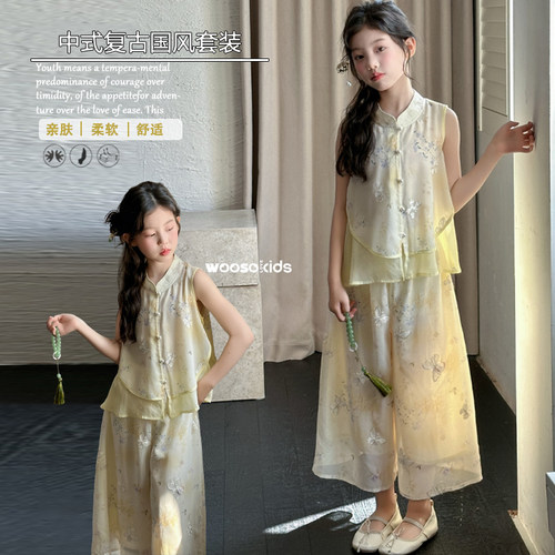 wooso吾束童装2026夏季新品女童中式复古国风刺绣图案套装35071