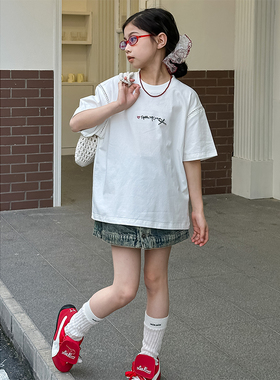 大E小e童装2025夏季女童时尚花边袖T恤简约款蝴蝶结短袖上衣9881