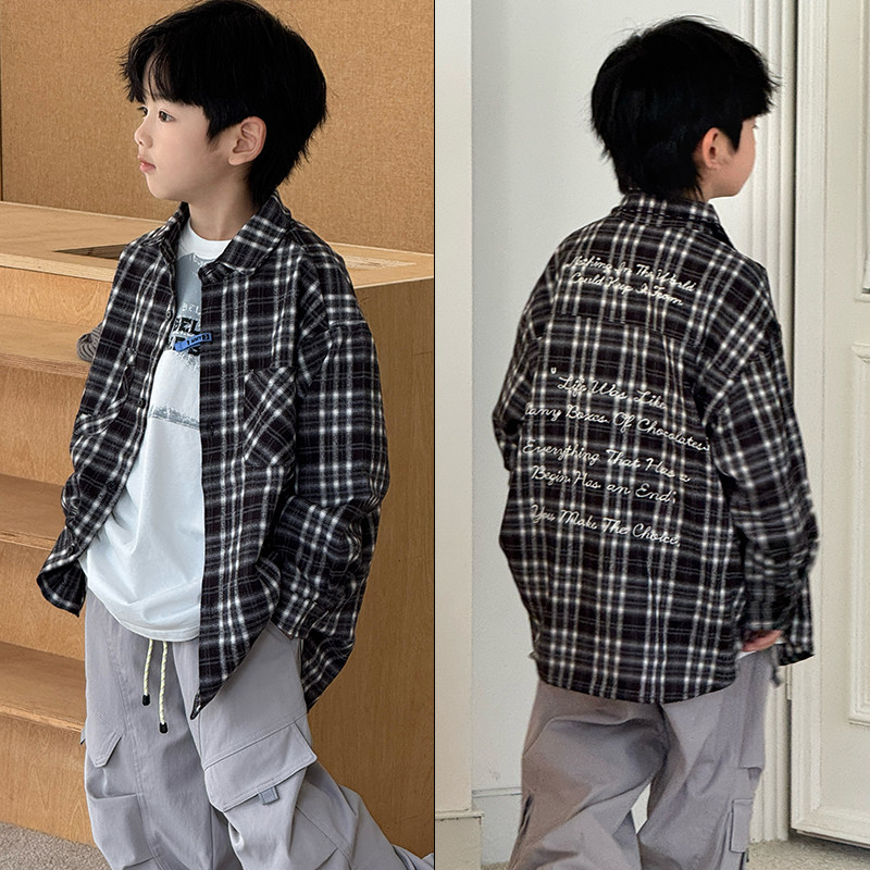 大E小e童装2025秋季新款男女童黑白格子衬衫字母洋气长袖衬衣5019