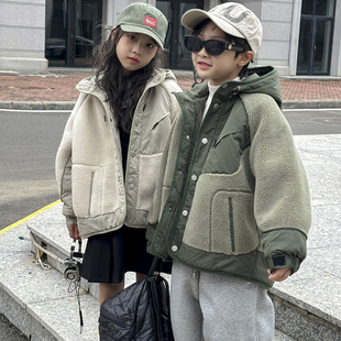 布芮欧童装 儿童加厚连帽外套中大童羊羔绒拼接棉服76007 冬季