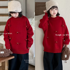 童乐鱼童装2025冬款女童红色蝴蝶结珍珠毛衣韩版加绒针织衫潮0266