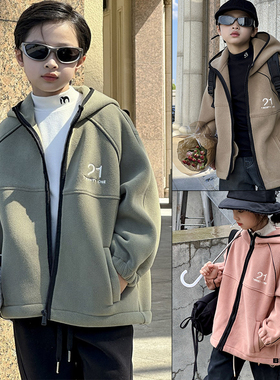 布芮欧童装冬新款双面摇粒绒连帽外套男女中大童拉链衫16050