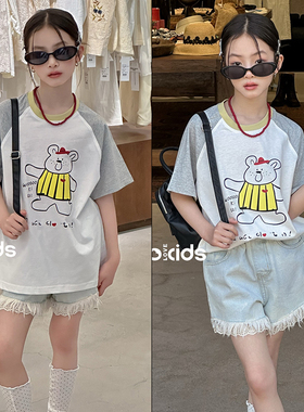 wooso童装2025夏季女童休闲拼色小熊图案纯棉宽松短袖T恤潮99126