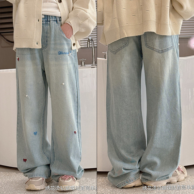 小智同学女童蝴蝶结直筒牛仔裤