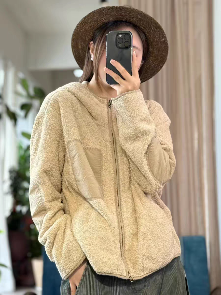 忆古朴拙2578A复古拼接连帽颗粒绒短款休闲外套