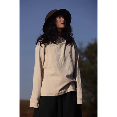 GLM古兰木7388文艺复古宽松休闲大码长袖连帽T恤打底衫上衣女