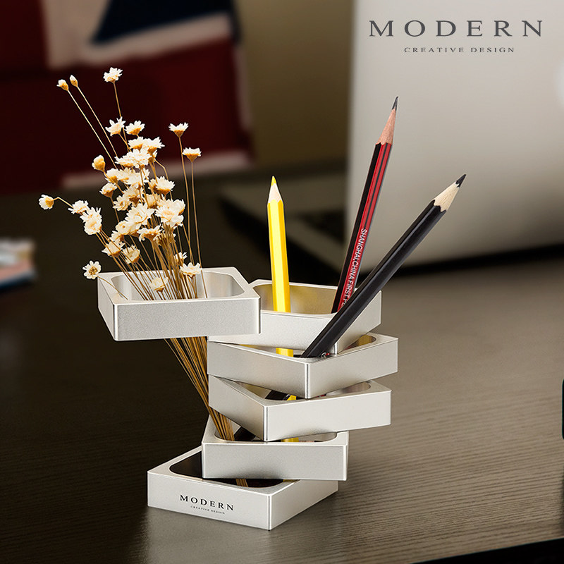 摩登Modern铝合金简约笔筒高档金属笔筒办公摆件变形笔筒时尚创