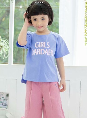 塔哒儿夏季新款女中童圆领T恤全棉短袖长款宽松衣服