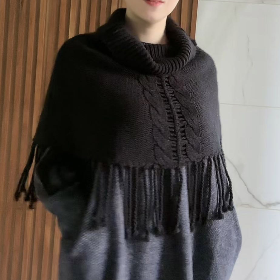 高端复古大绞花山羊绒流苏围脖手工编织高领披肩斗篷大翻领围巾