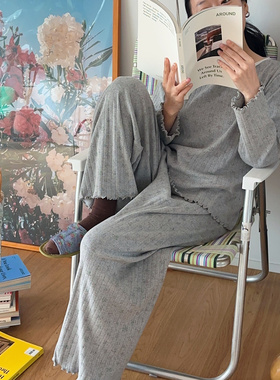 老粉BI入韩国进口纯棉螺纹睡衣套装女秋季宽松短袖长裤家居服