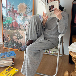 长裤 宽松短袖 家居服 女秋季 老粉BI入韩国进口纯棉螺纹睡衣套装