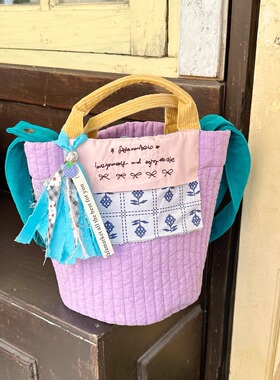 自制韩国ins绗缝刺绣手提包紫色单肩斜挎水桶包大容量妈咪母婴包