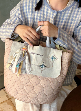 韩国ins风手提刺绣包单肩斜挎水桶包大容量妈咪包百搭手提单肩包