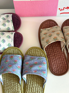 韩国自制室内静音拖鞋轻便家居纯棉布艺碎花防滑舒适地板拖鞋四季