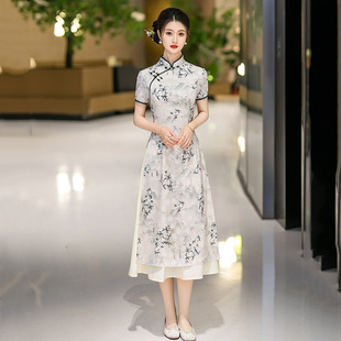 水墨竹叶显瘦中式旗袍改良年轻款女式复古短袖连衣裙夏季裙子S码