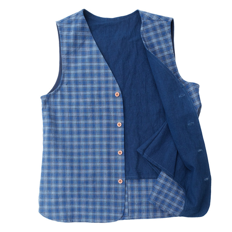 停workshop 手工织纯棉格子土布马夹背心春秋复古外搭v领马甲女款
