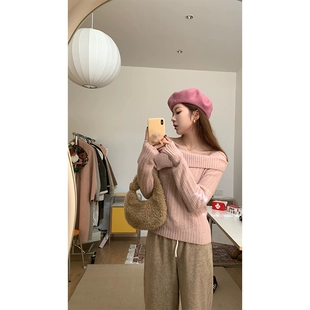 内搭针织衫 现货 打底上衣 im向半岛甜一字领露肩软糯毛衣女冬季