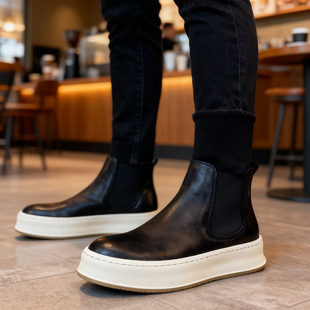 欧洲站真皮磨砂一脚蹬切尔西靴男鞋加绒保暖厚底高帮鞋套脚短靴MD