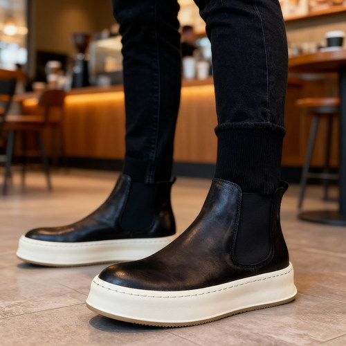 欧洲站真皮磨砂一脚蹬切尔西靴男鞋加绒保暖厚底高帮鞋套脚短靴MD