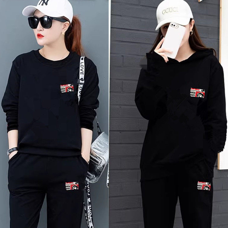 大码休闲运动黑色长袖卫衣套装女装宽松洋气显瘦韩版200斤可穿