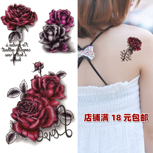 暗黑系玫瑰花纹身贴防水女持久肚子锁骨前胸遮疤痕女生彩绘贴纸