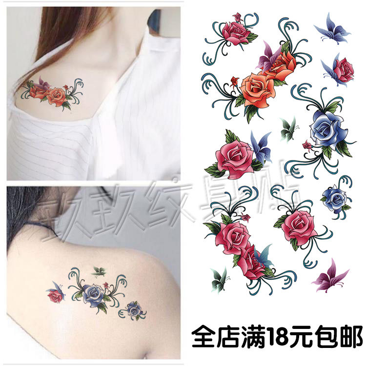 小清新花朵纹身贴女 持久 仿真防水性感玫瑰胸部背手臂遮疤痕贴纸