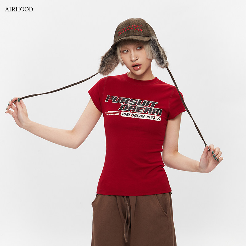 AIRHOOD美式复古字母印花短袖辣妹短款上衣红色夏季修身正肩T恤女图片