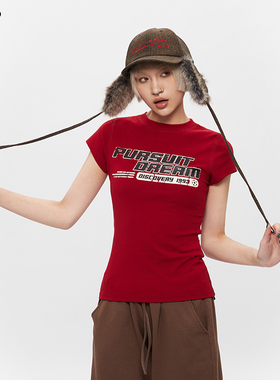AIRHOOD美式复古字母印花短袖辣妹短款上衣红色夏季修身正肩T恤女
