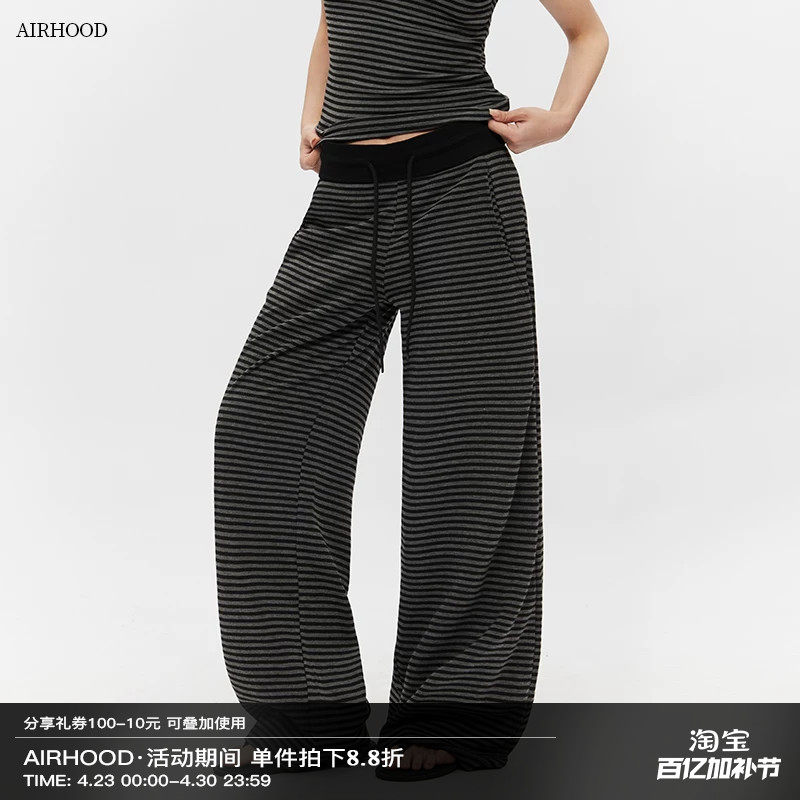 AIRHOOD 秋冬加绒加厚条纹慵懒宽松休闲裤女直筒垂感阔腿运动长裤
