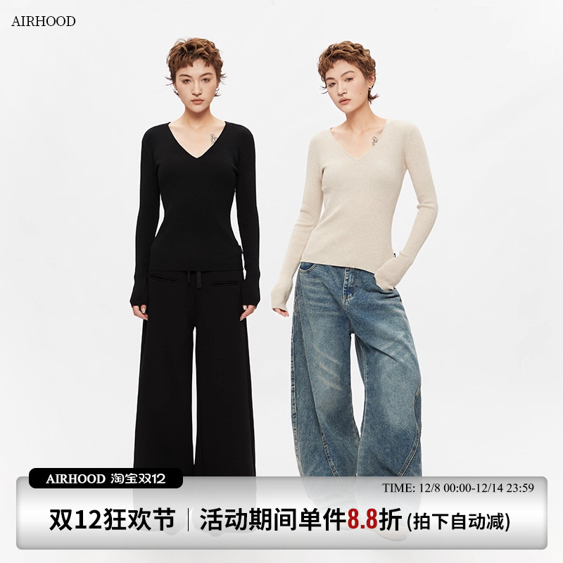 AIRHOOD 2025秋冬季新款V领修身显瘦针织衫女内搭打底衫长袖上衣