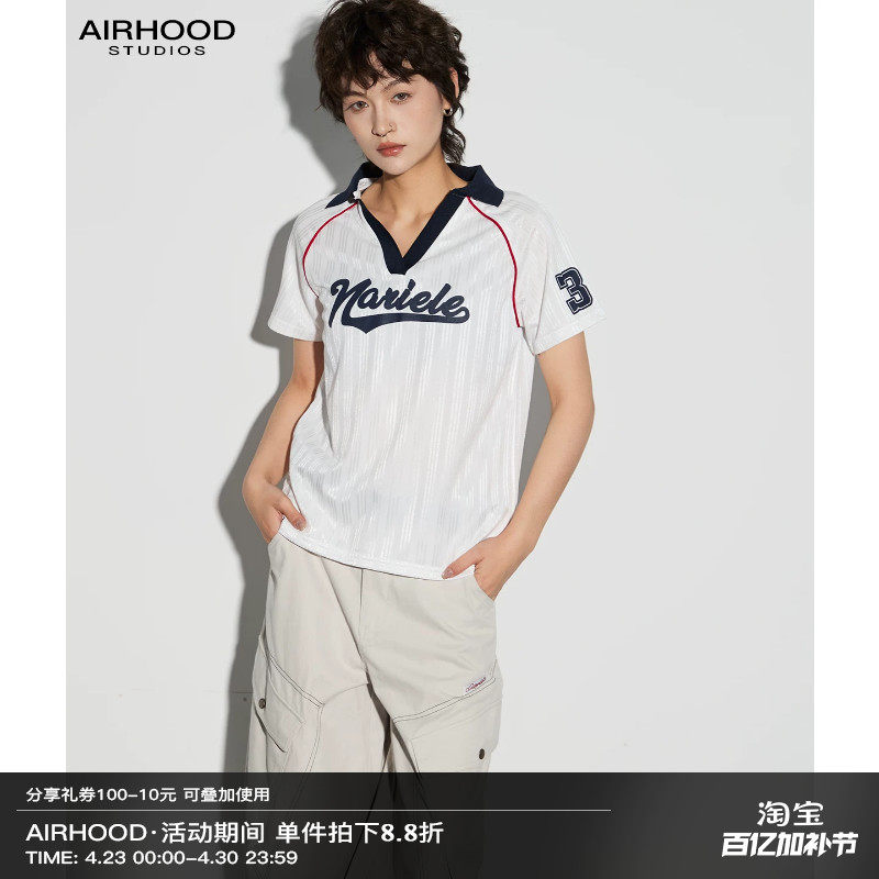 AIRHOOD 美式街头V领短袖T恤女夏宽松撞色棒球服条纹字母印花上衣