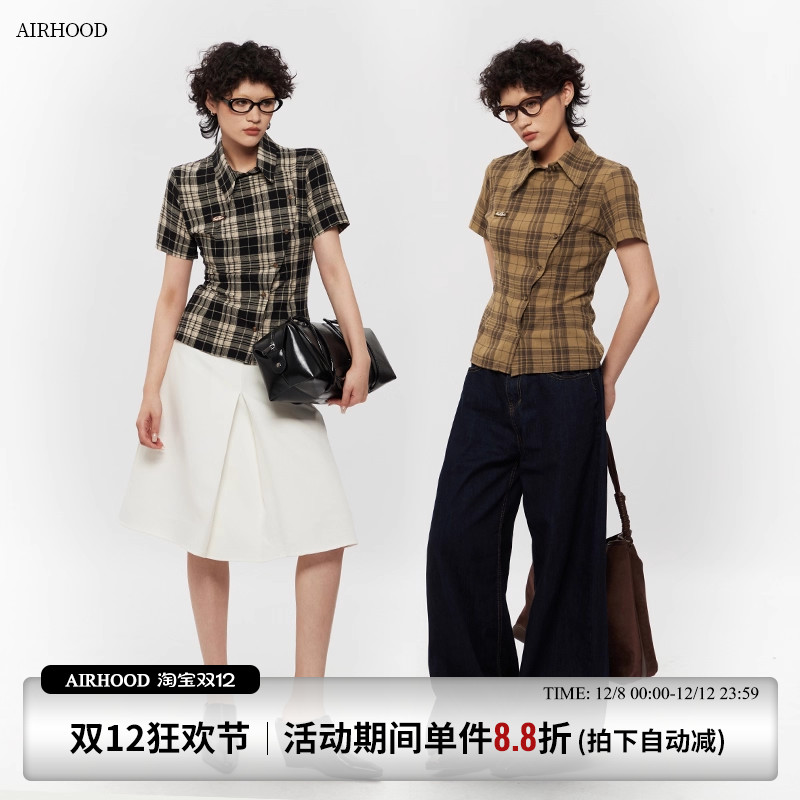 AIRHOOD 新中式正肩收腰复古设计短袖衬衫夏季格子修身短款上衣女