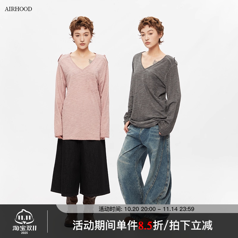 AIRHOOD 2025秋季新款美式复古V领上衣宽松百搭长袖T恤女ins