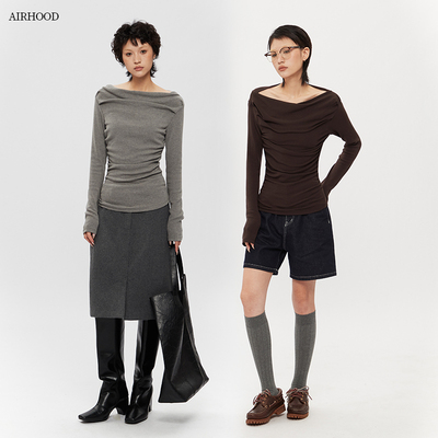 AIRHOOD 露肩一字领不规则长袖T恤女春秋斜肩收腰设计感内搭上衣