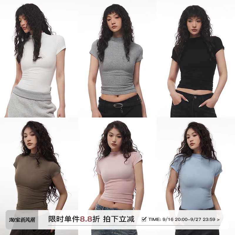 AIRHOOD 美式辣妹修身显瘦正肩短袖T恤女半高领紧身短款上衣多色										