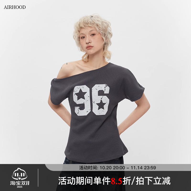 AIRHOOD 美式性感斜肩短袖T恤女ins不规则修身显瘦露肩辣妹上衣夏