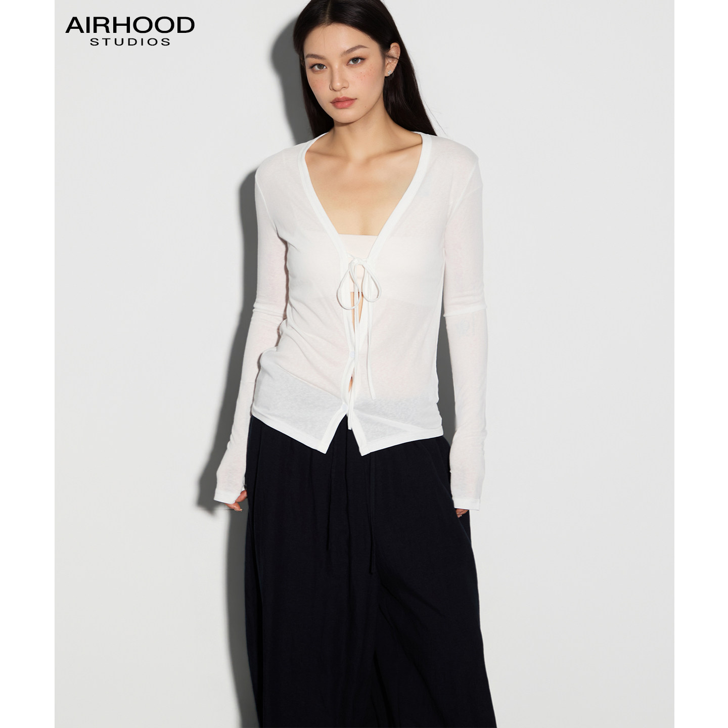 AIRHOOD 天丝莱赛尔开衫V领长袖t恤女薄款修身显瘦系带韩系上衣秋