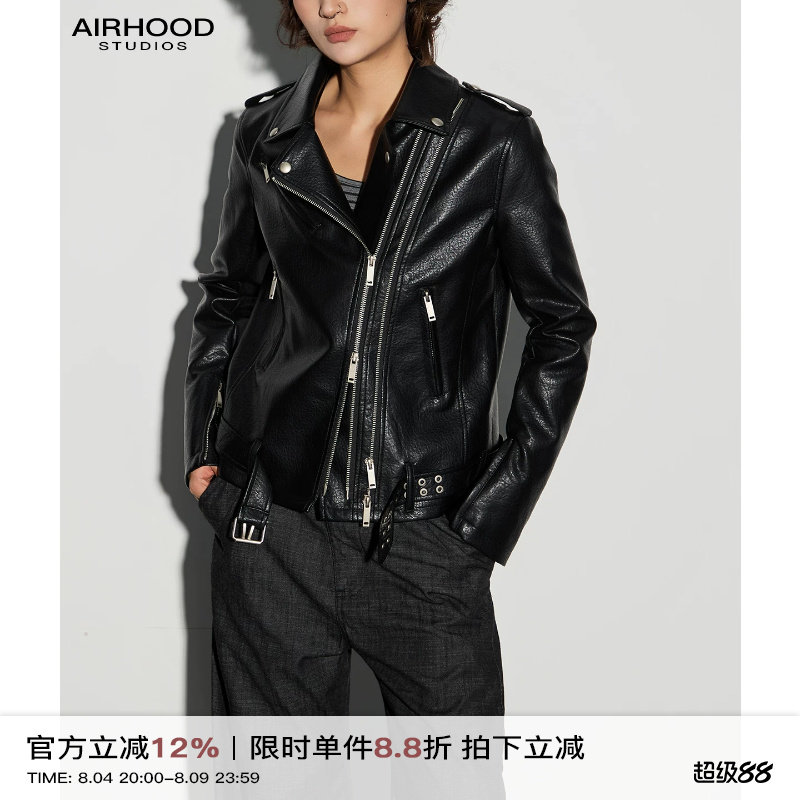 AIRHOOD 复古机车风黑色真皮皮衣女秋季短款修身拉链夹克帅气外套