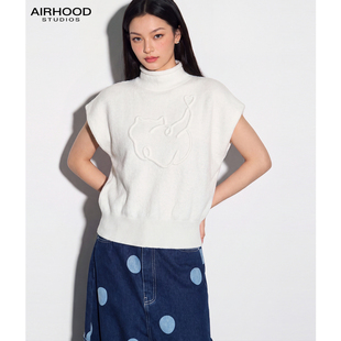 AIRHOOD 半高领无袖宽松毛衣女韩系慵懒外穿秋季套头短袖毛针织衫