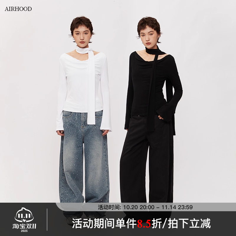 AIRHOOD 春秋季美式围巾辣妹V领长袖T恤女一字肩修身露肩内搭上衣